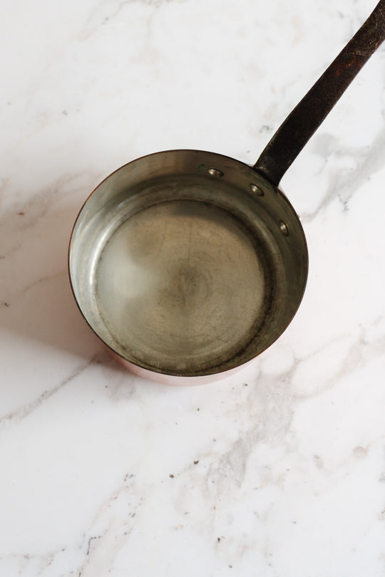 set of 3 vintage french copper pots with cast iron handles