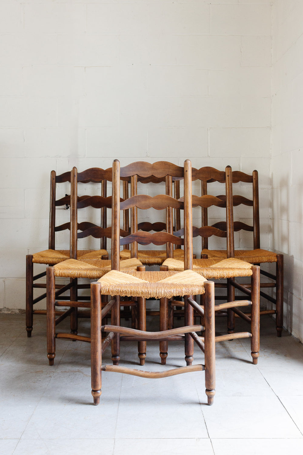 antique french rush seat ladderback chairs, set of 6
