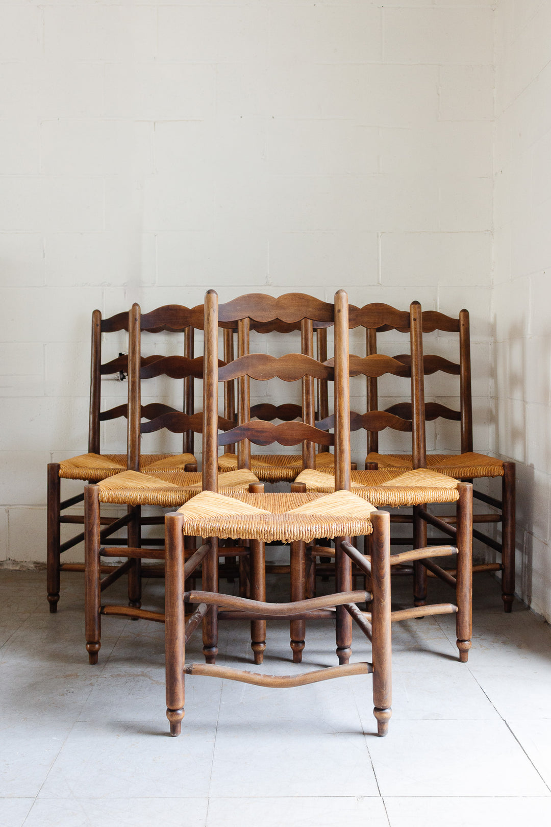 antique french rush seat ladderback chairs, set of 6