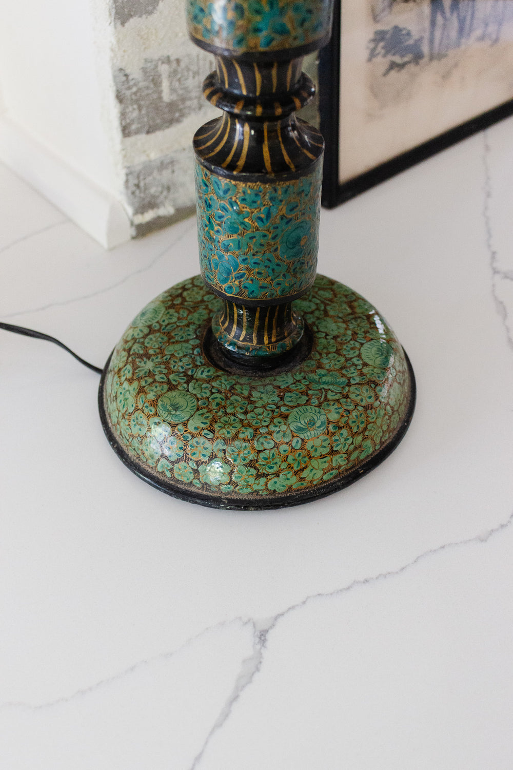 vintage french handpainted patterned wood lamp