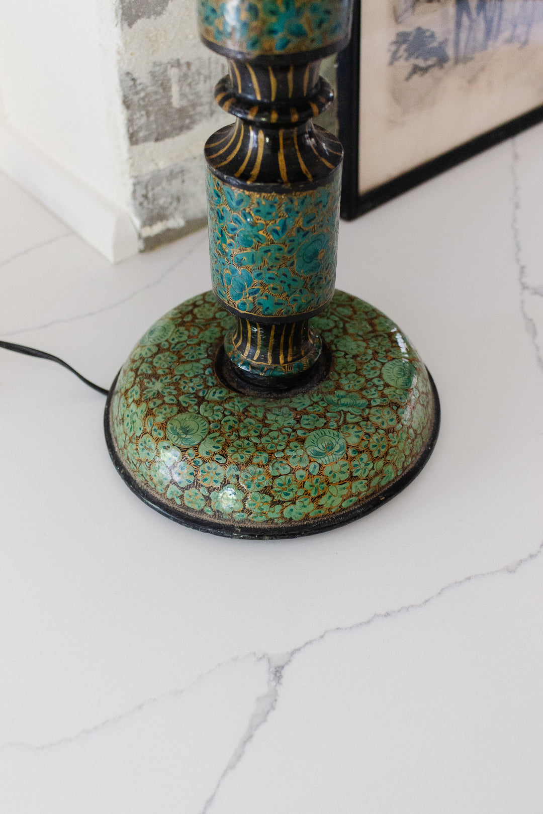 vintage french handpainted patterned wood lamp