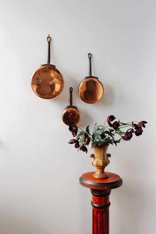 set of 3 vintage french copper pots with cast iron handles