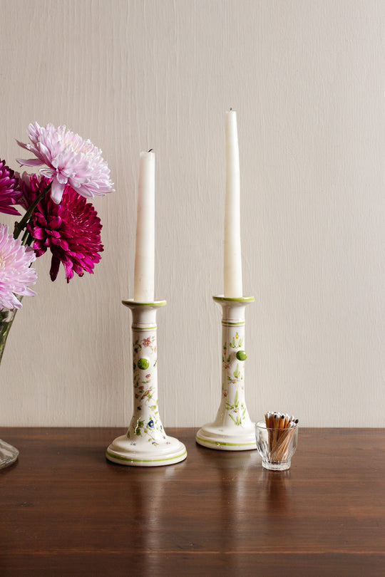 vintage french hand painted moustiers porcelain candlesticks