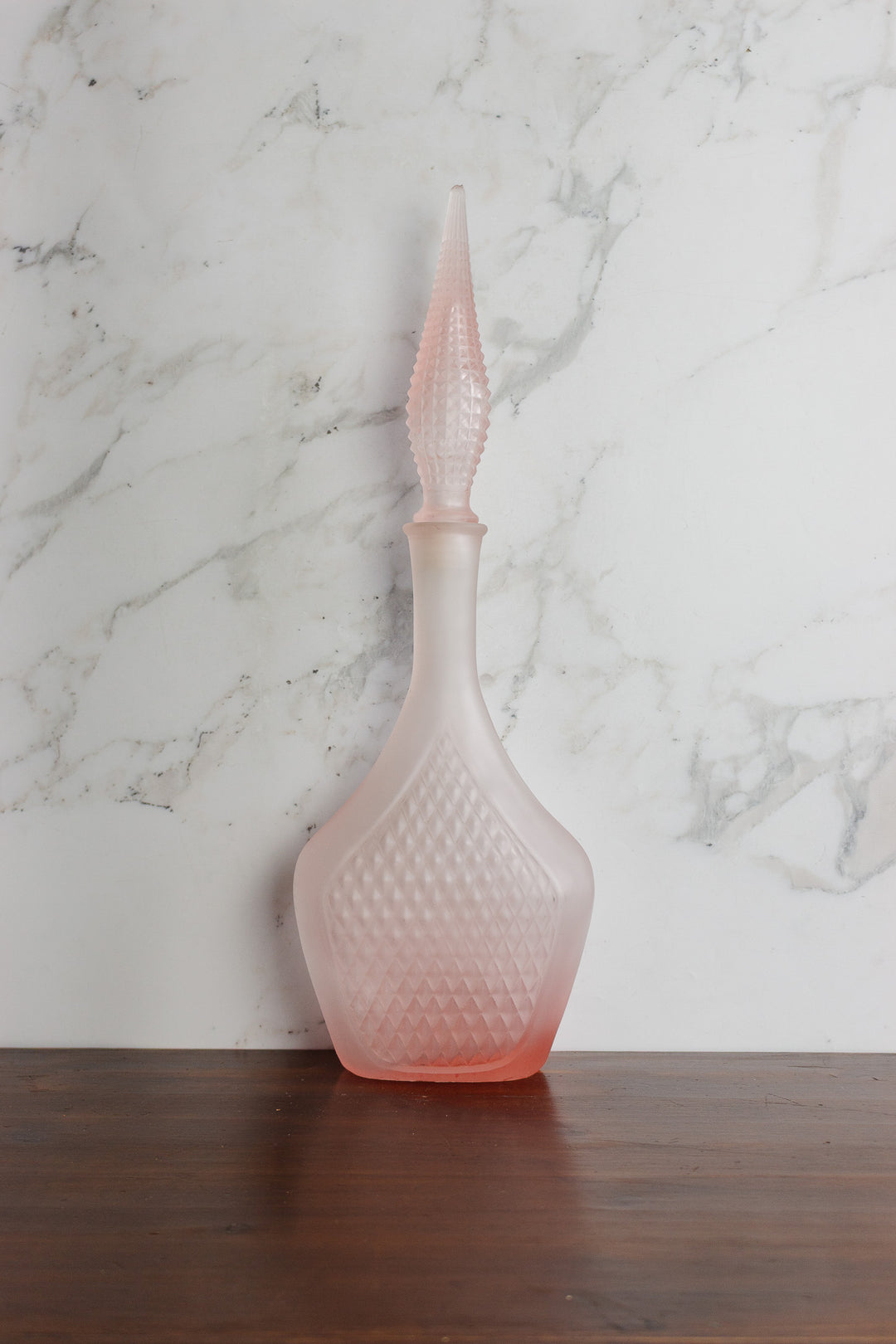 vintage french tall frosted pink glass decanter
