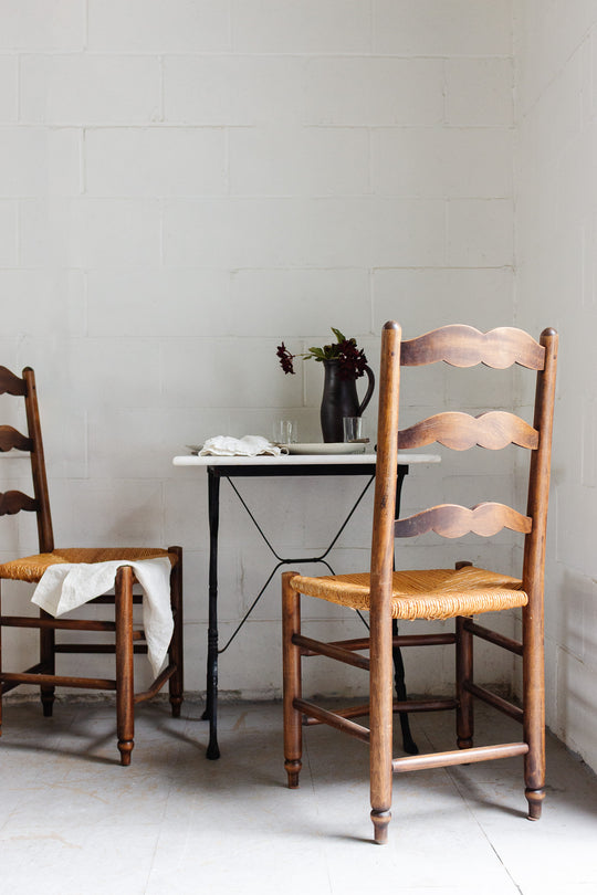 antique french rush seat ladderback chairs, set of 6