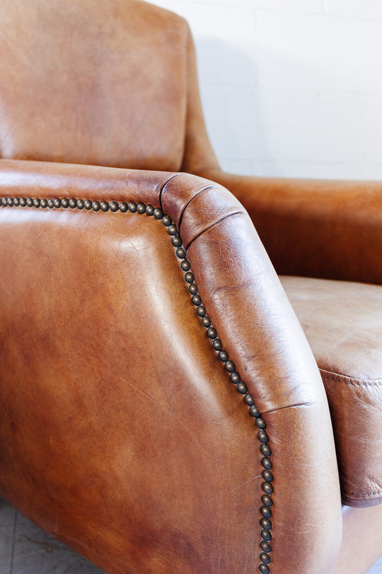 vintage European sheepskin leather wingback club chair
