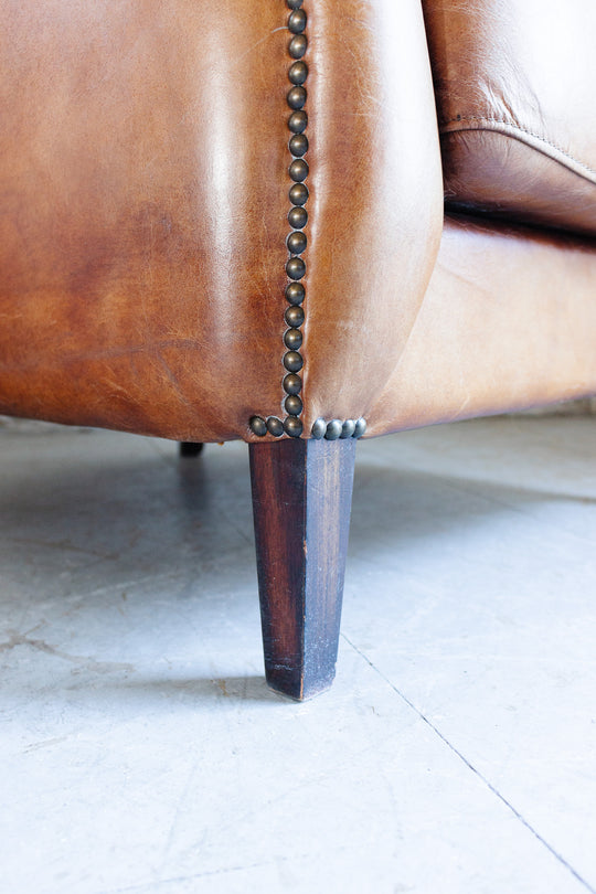 vintage European sheepskin leather wingback club chair