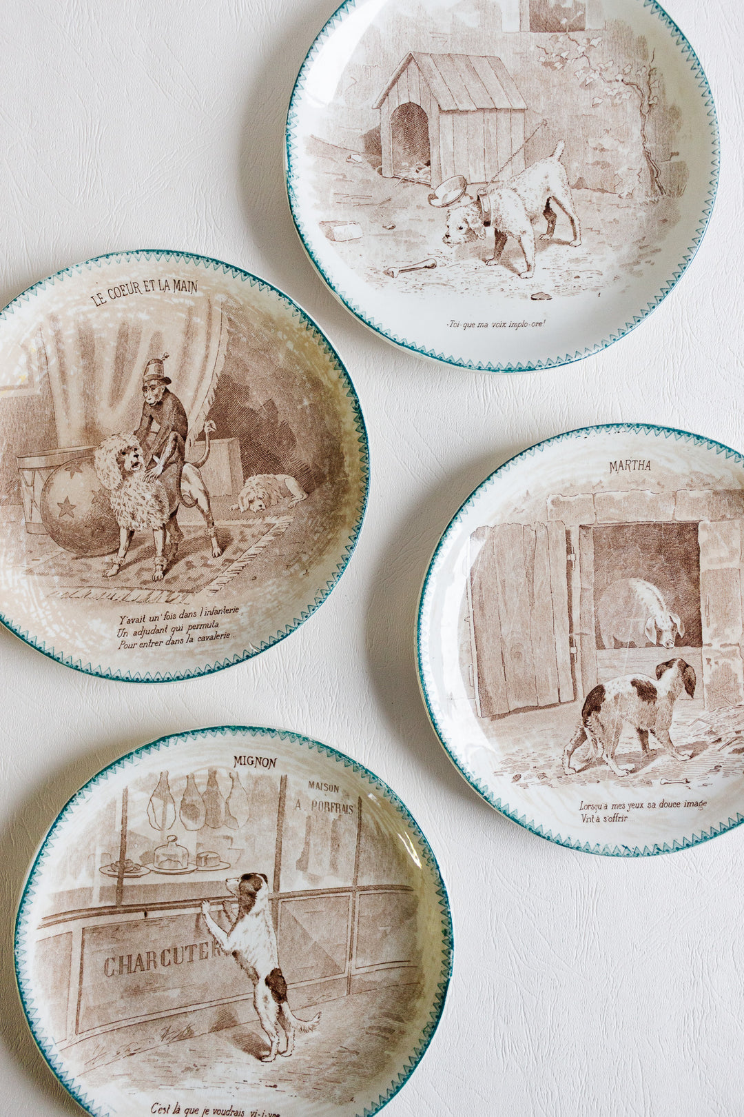 set of 4 antique french digoin sarreguemines talking plates