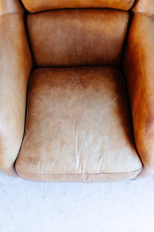vintage European sheepskin leather wingback club chair