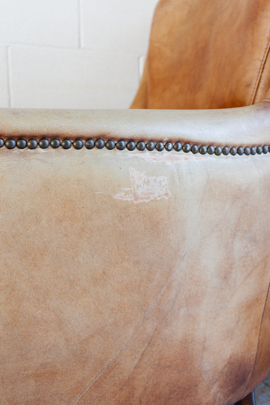 vintage European sheepskin leather wingback club chair