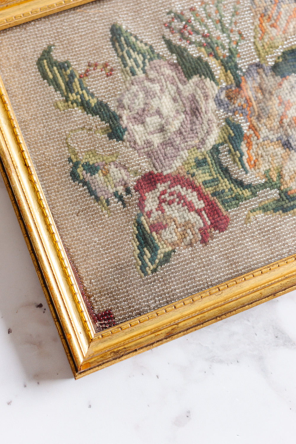 rare 19th century French framed Berlin work beaded needlepoint