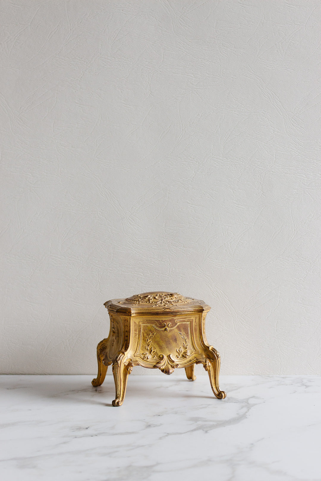 antique french bijoux heavy cast metal casket with tufted fabric lining