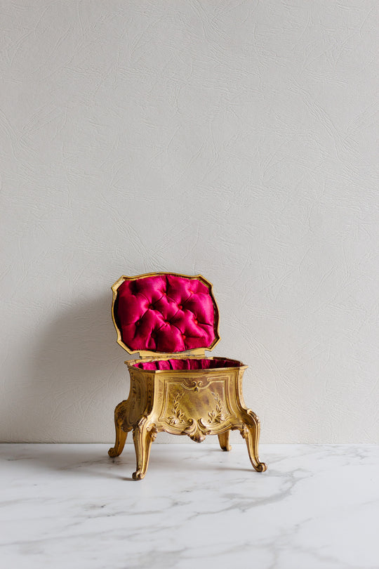 antique french bijoux heavy cast metal casket with tufted fabric lining