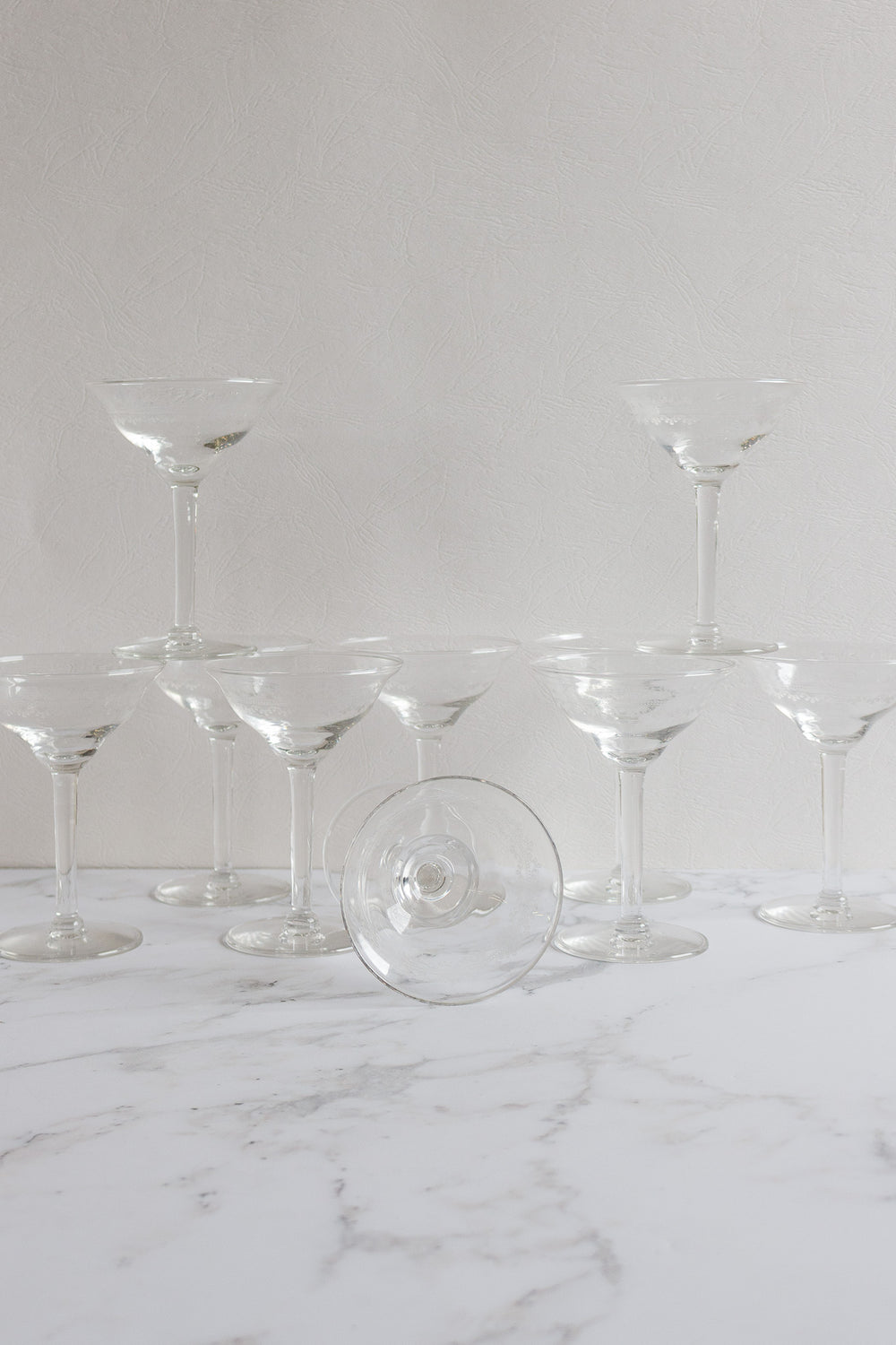 vintage french etched glass champagne coupes, set of 10
