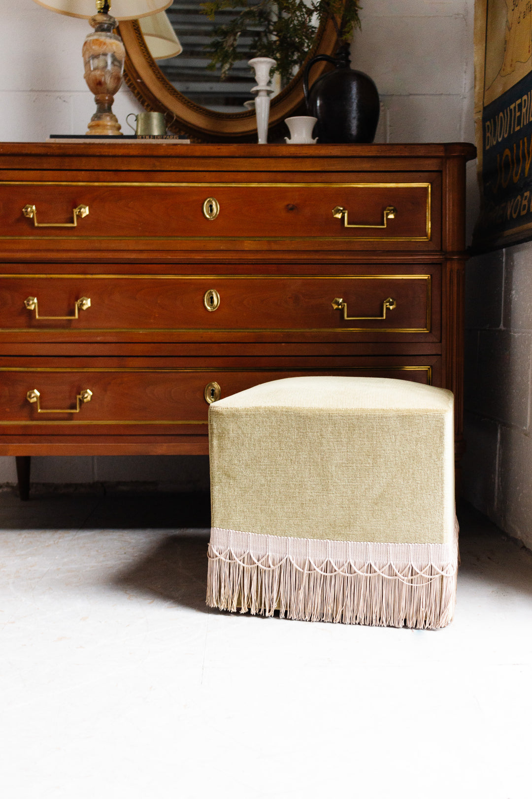 midcentury French green velvet fringe ottoman