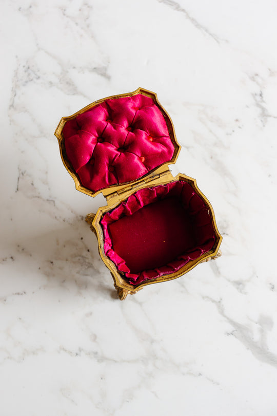 antique french bijoux heavy cast metal casket with tufted fabric lining