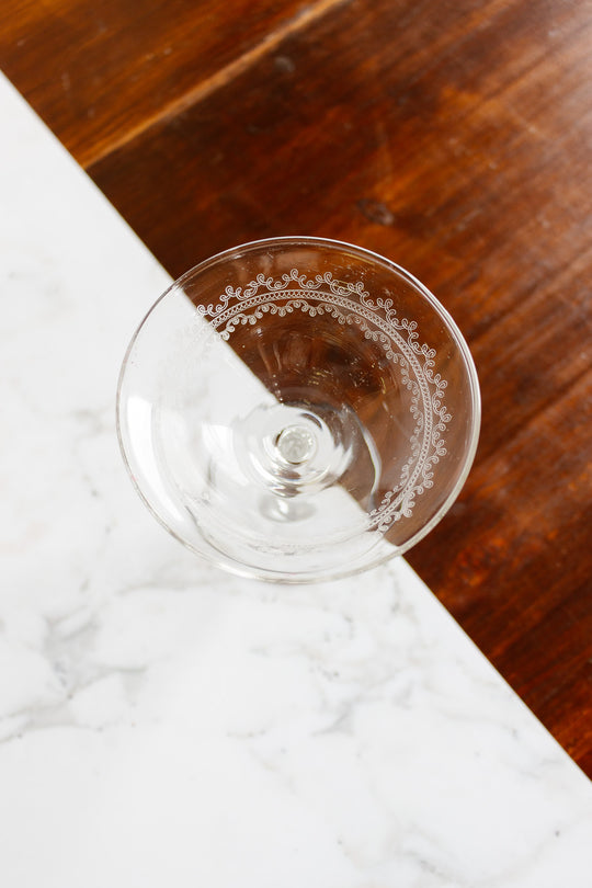 vintage french etched glass champagne coupes, set of 10