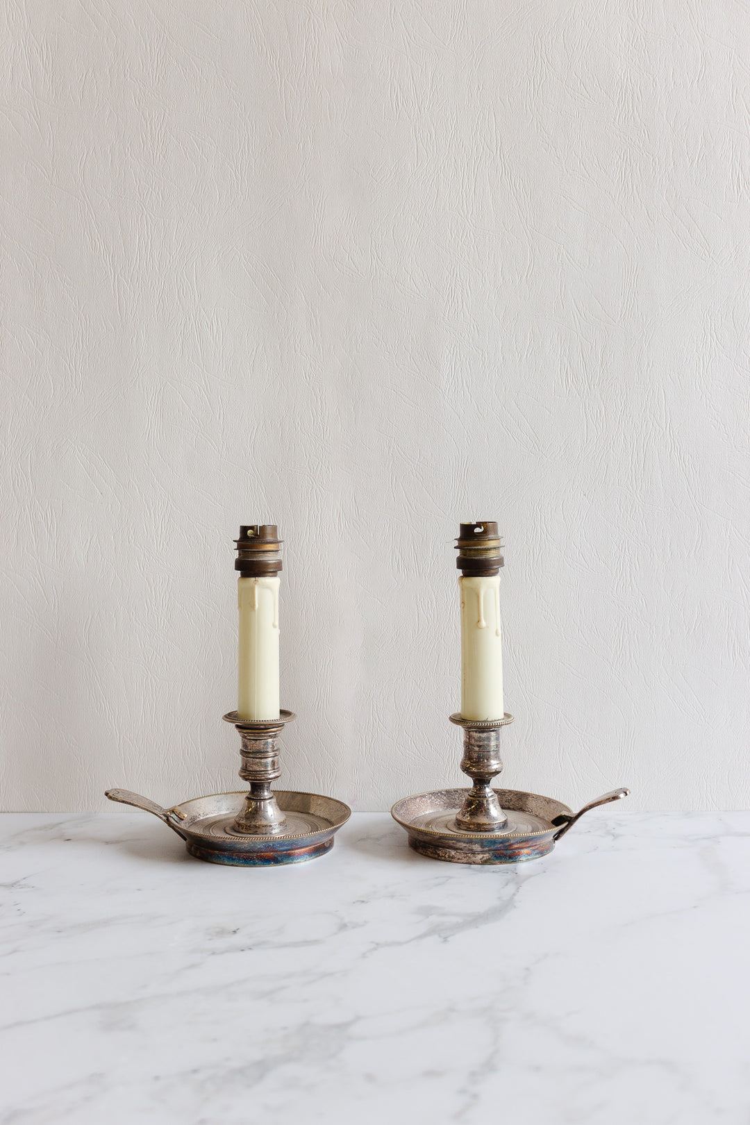 vintage french pair of silver candlestick lamps