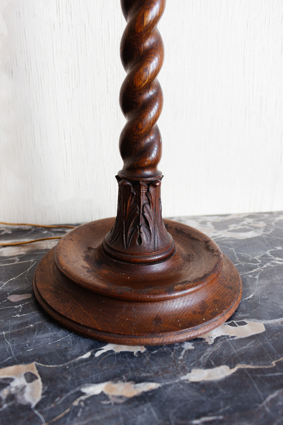 antique English oak barley twist lamp