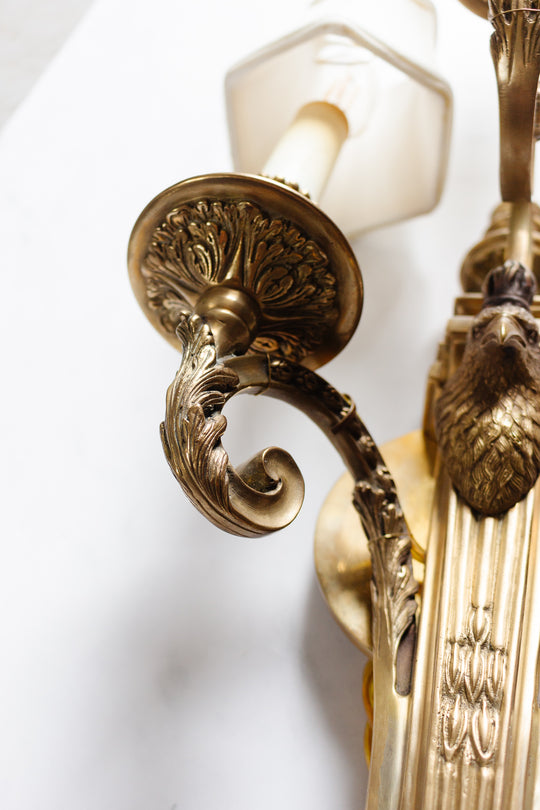 pair of vintage French bronze eagle head wall sconces
