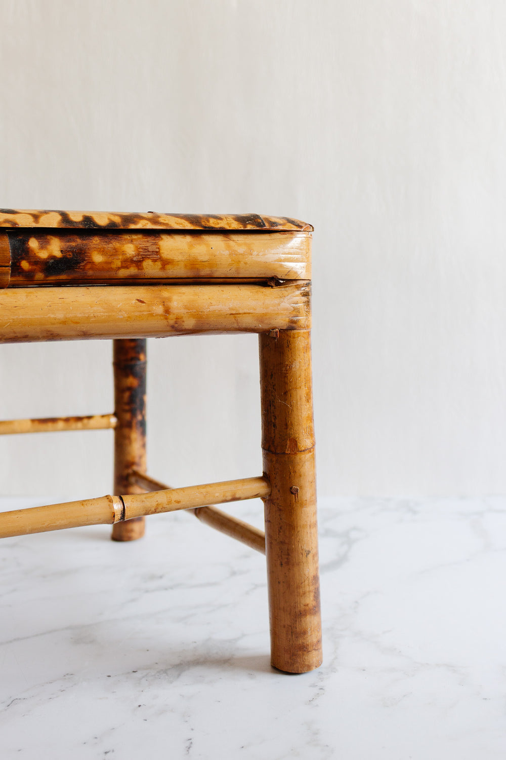 vintage french burnt bamboo and rattan stool