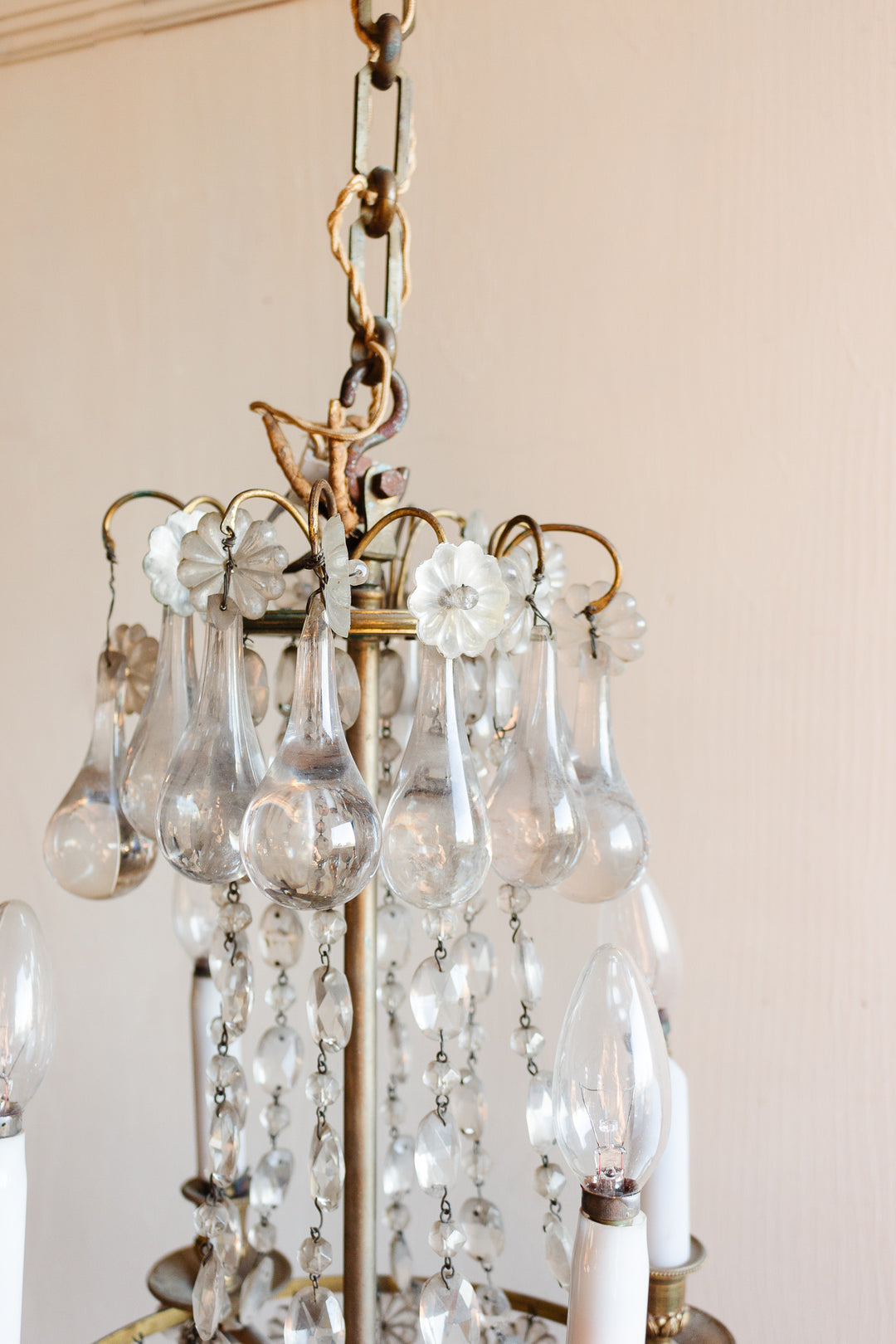 vintage French Empire crystal and brass basket chandelier with Murano glass drops