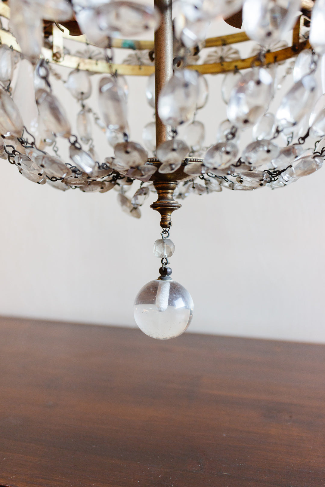 vintage French Empire crystal and brass basket chandelier with Murano glass drops