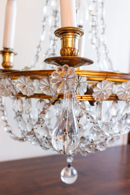 vintage French Empire crystal and brass basket chandelier with Murano glass drops