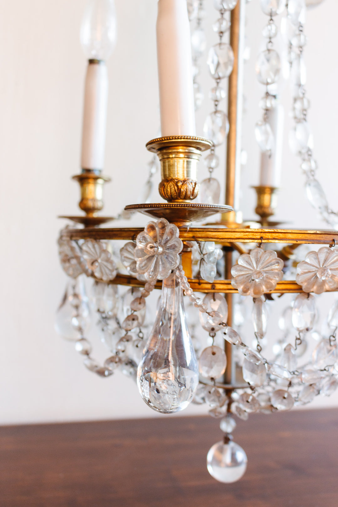 vintage French Empire crystal and brass basket chandelier with Murano glass drops