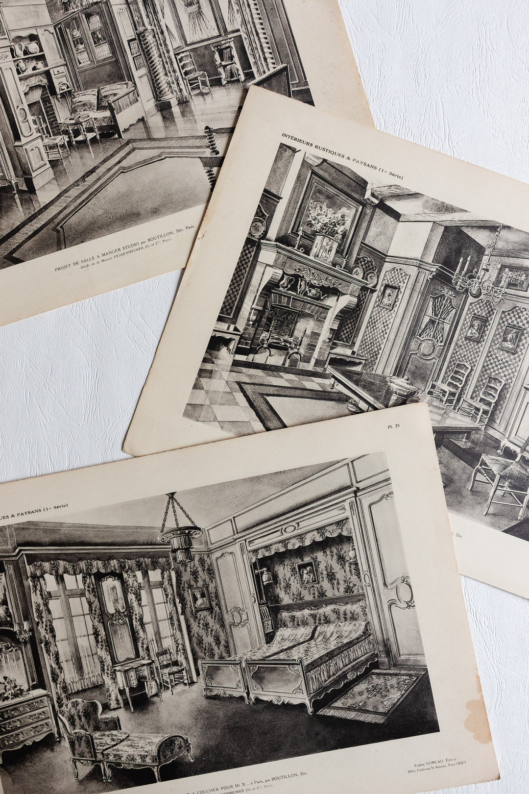 set of 3 1960s book plates - intérieurs rustiques et paysans