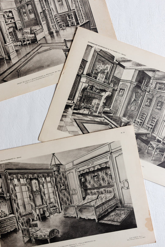 set of 3 1960s book plates - intérieurs rustiques et paysans