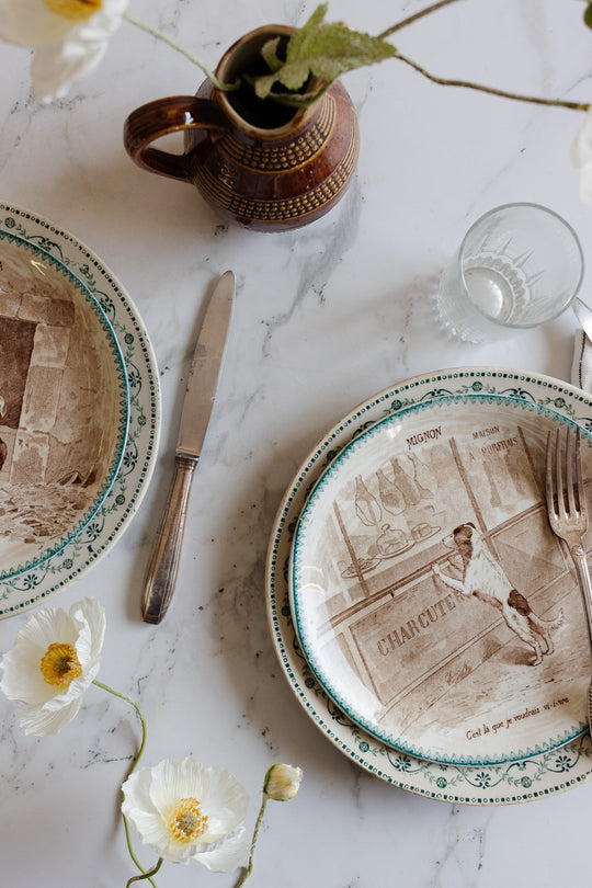 set of 4 antique french digoin sarreguemines talking plates