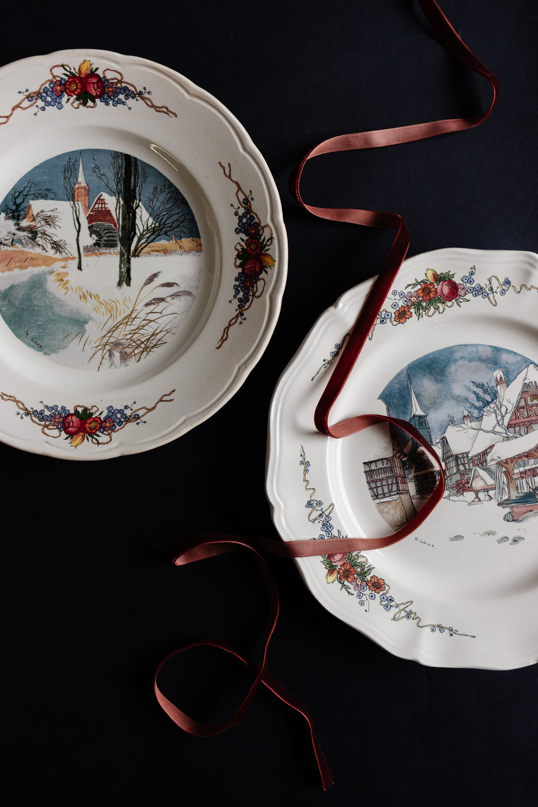 pair of antique french sarreguemines "obernai" dinner plates by h. roux