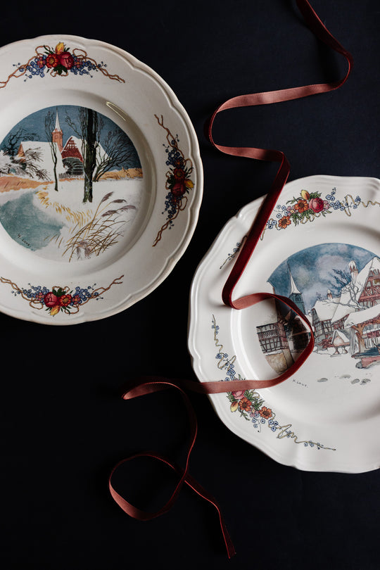 pair of antique french sarreguemines "obernai" dinner plates by h. roux