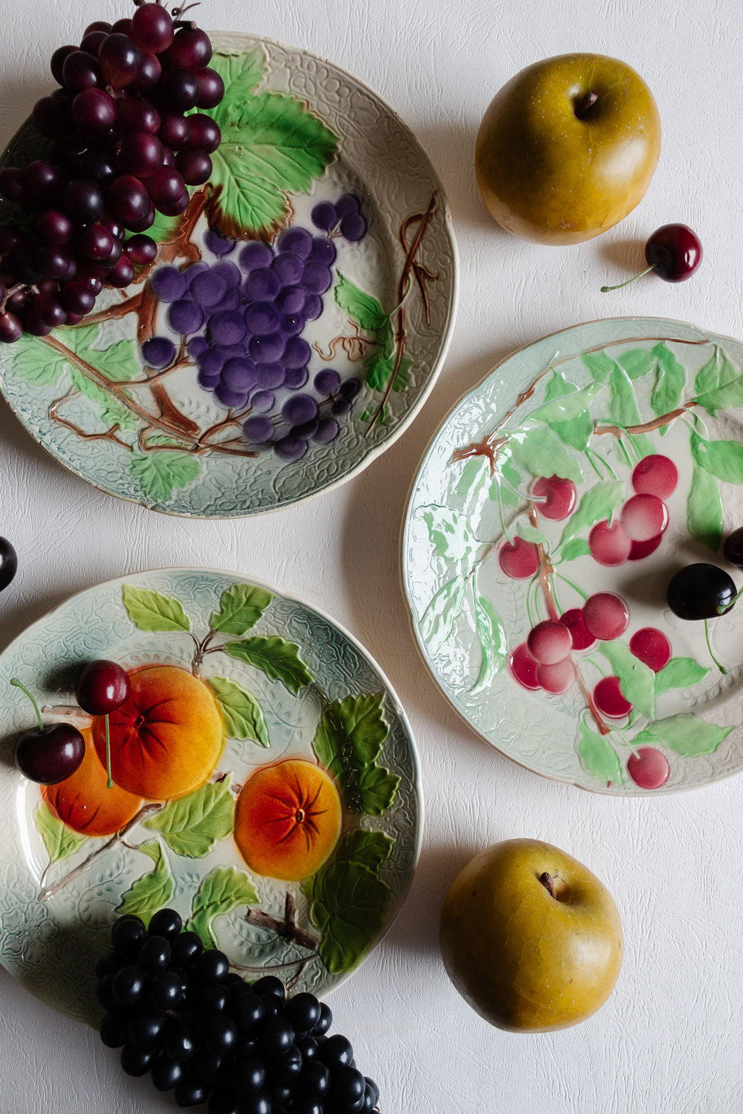 turn of the century french st. clement majolica fruit plates, set of 3