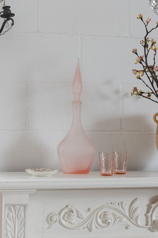 vintage french tall frosted pink glass decanter