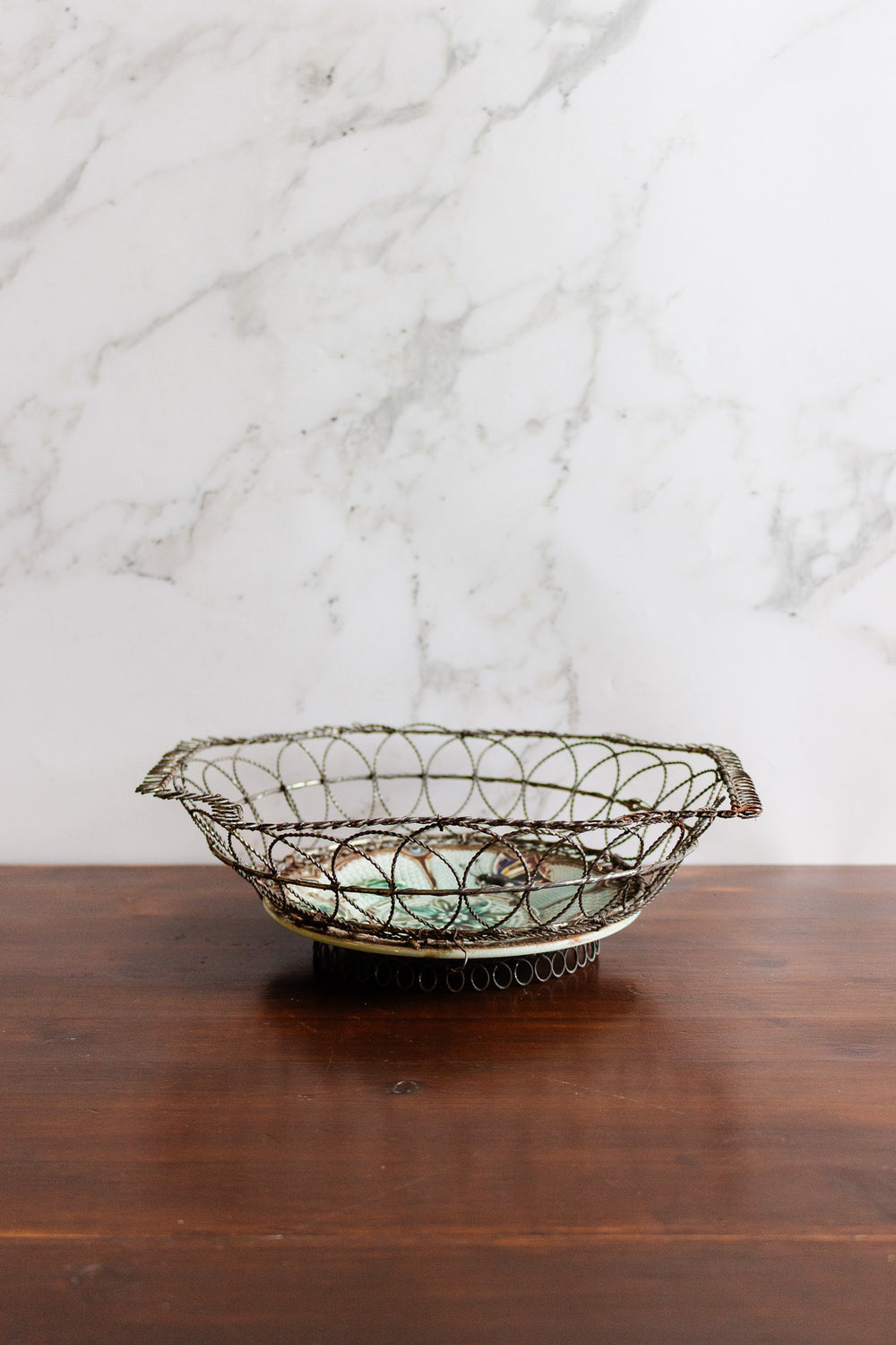 late 19th century french wire and majolica basket