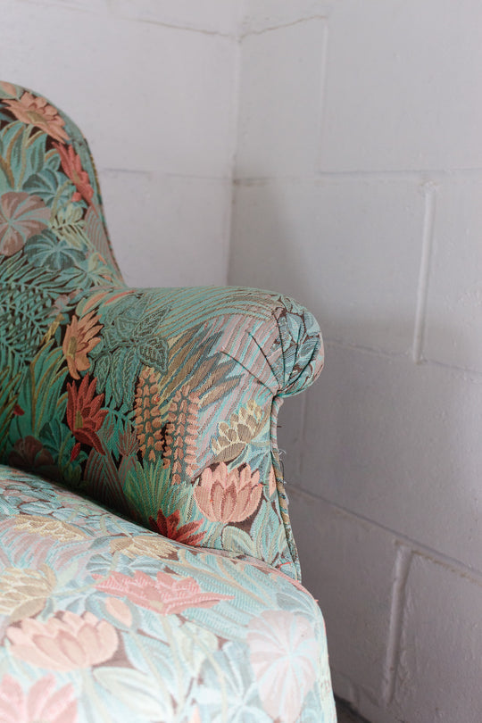 antique french crapaud chair with floral fabric