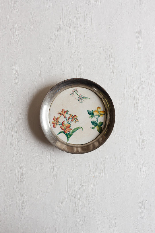 rare antique french sarreguemines transferware and silver metal "sous-verre"