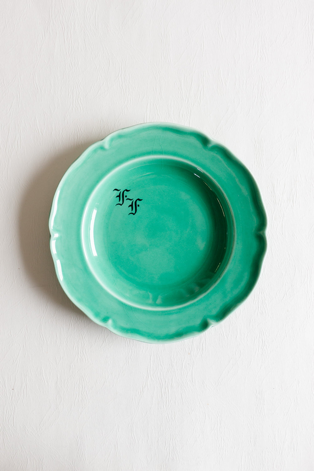 set of 4 antique teal french monogrammed "ff" proceram dinner plates