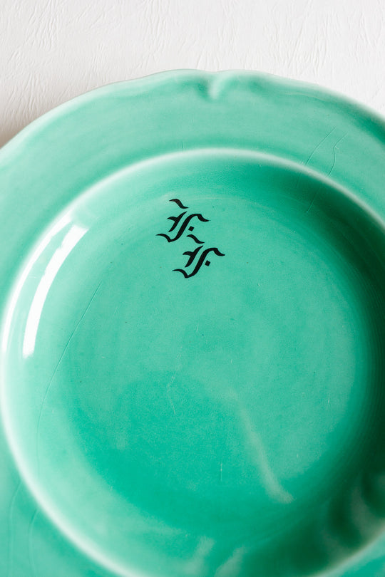 set of 4 antique teal french monogrammed "ff" proceram dinner plates