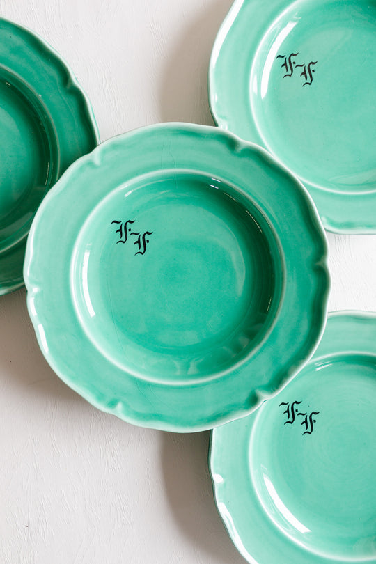 set of 4 antique teal french monogrammed "ff" proceram dinner plates