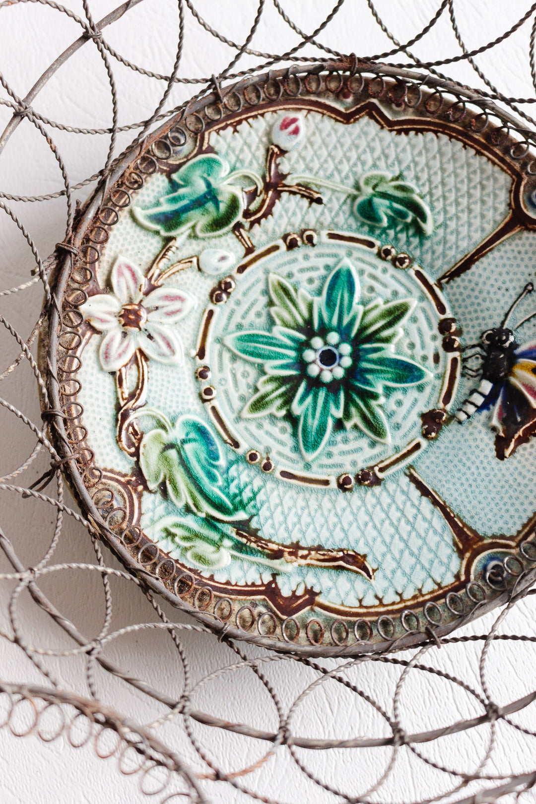late 19th century french wire and majolica basket
