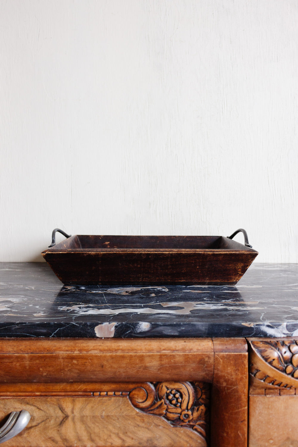 antique french wooden farmhouse basket with cast iron handles