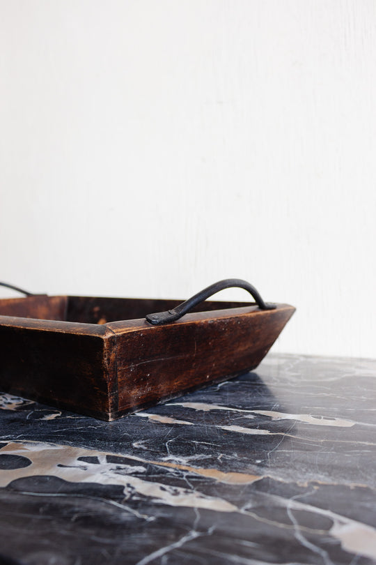 antique french wooden farmhouse basket with cast iron handles