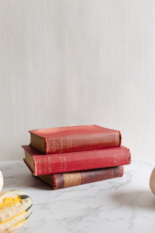vintage english trio of hardcover books, shades of red