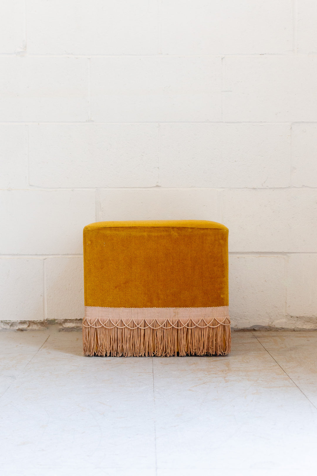midcentury French velvet and passementerie fringe ottoman