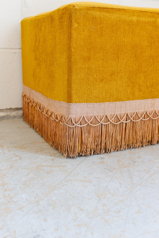 midcentury French velvet and passementerie fringe ottoman