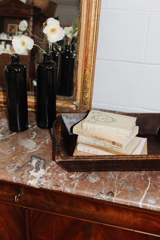 antique french wooden farmhouse basket with cast iron handles