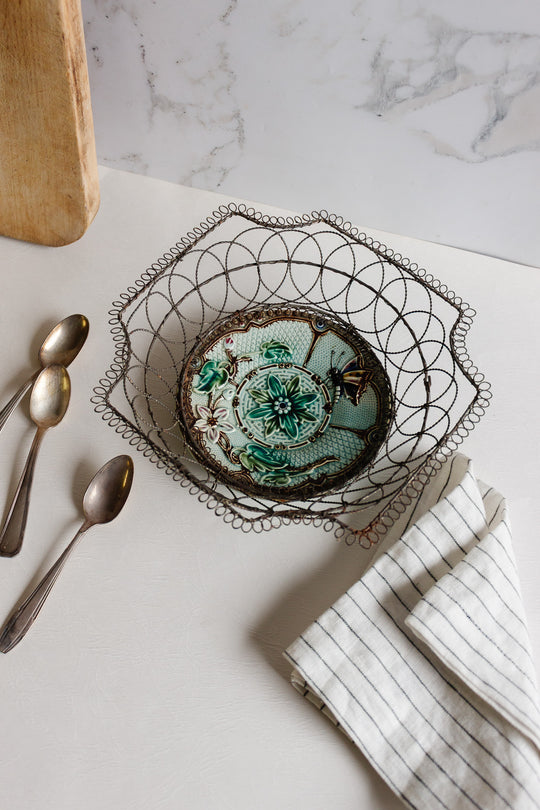 late 19th century french wire and majolica basket